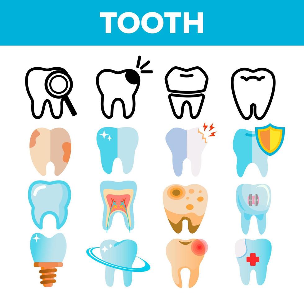 Tooth Icon Set Vector. Dental Draphic. Oral Medical Care. Mouth Tooth Pain Icon. Line, Flat Illustration vector