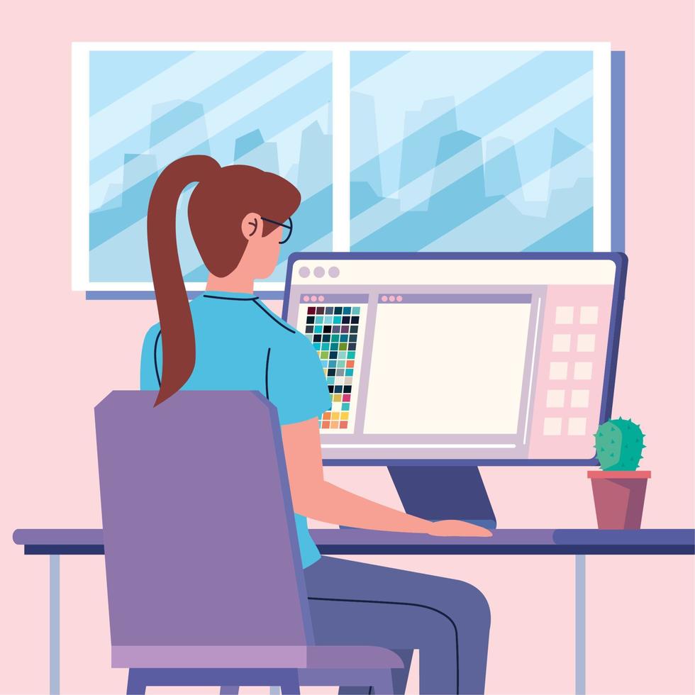 designer woman using desktop vector