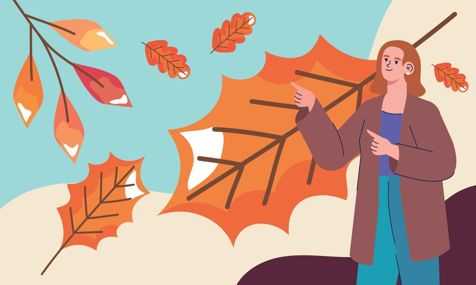 woman with leafs autumn season vector