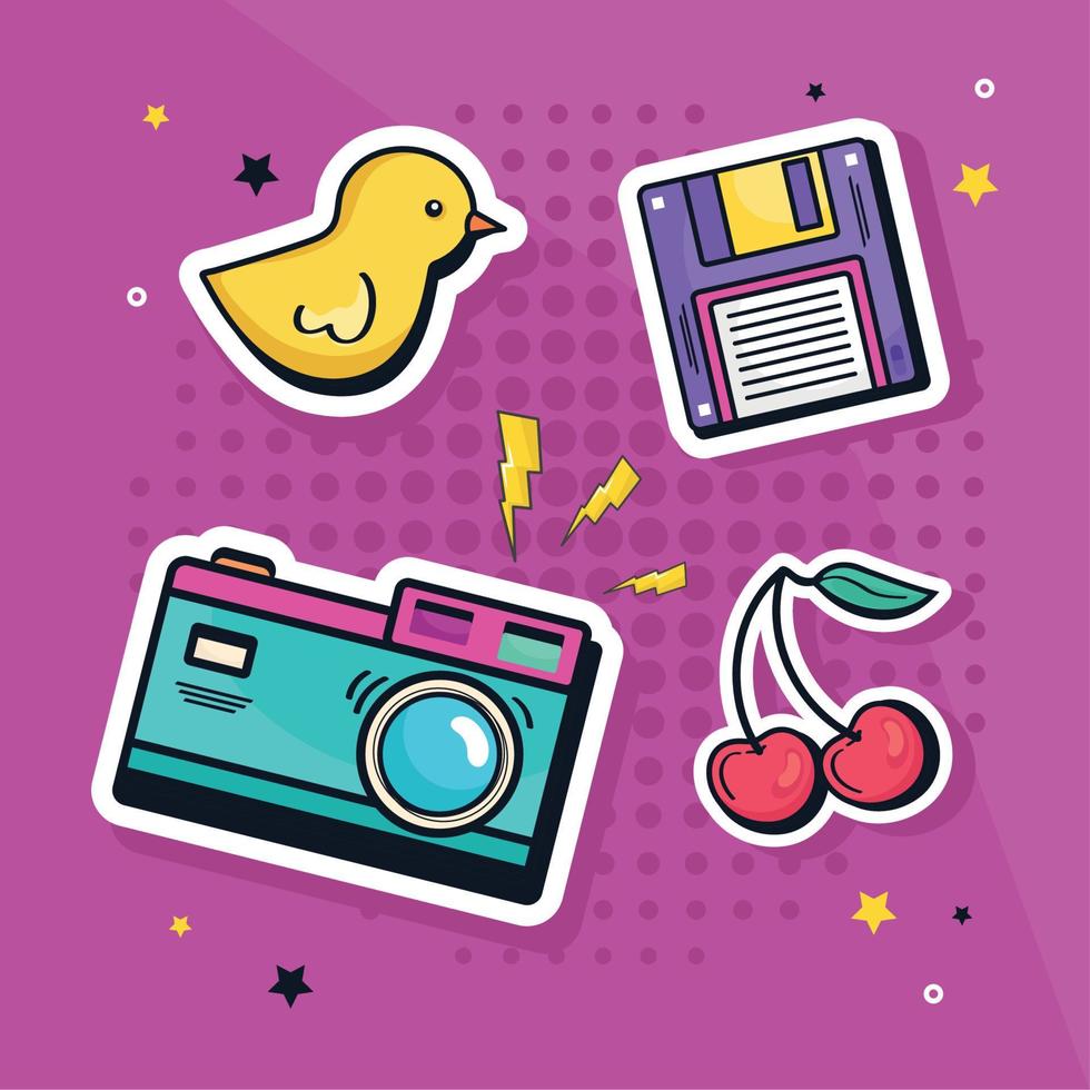 nineties style four stickers vector