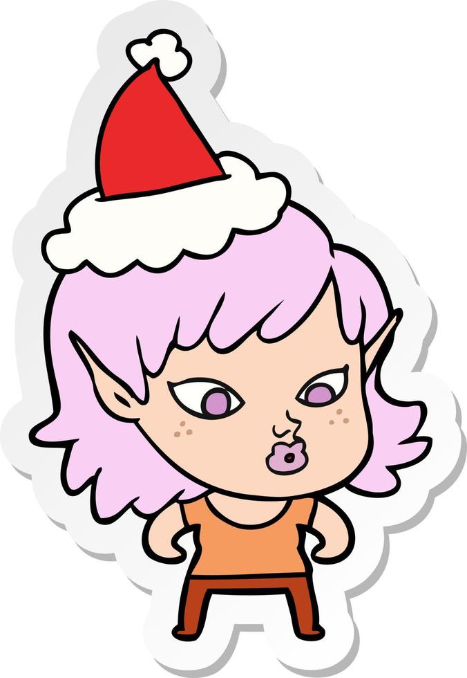 pretty sticker cartoon of a elf girl wearing santa hat vector