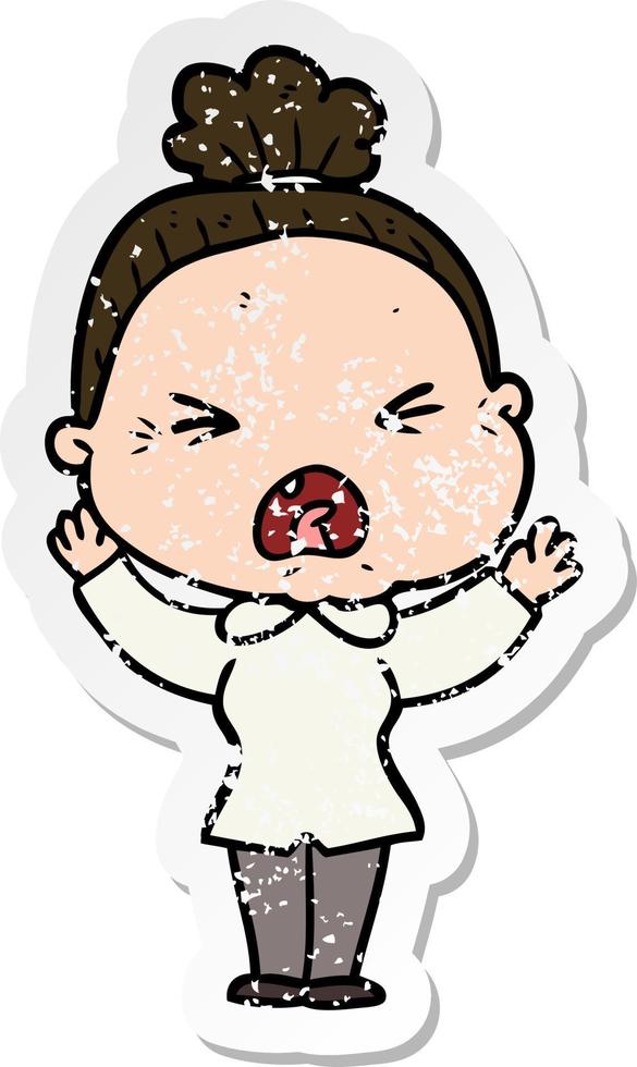 distressed sticker of a cartoon angry old woman vector