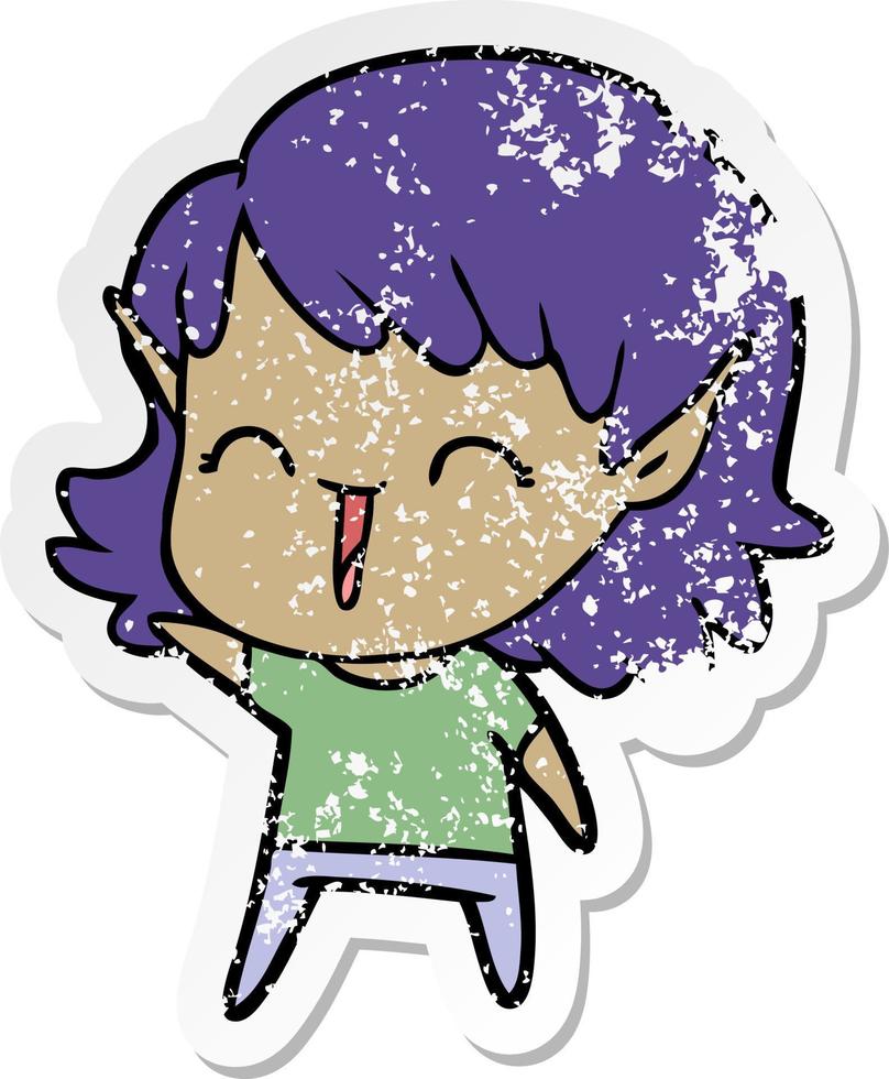 distressed sticker of a cartoon elf girl vector