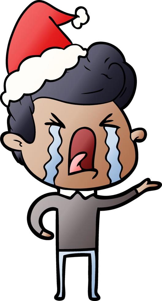 gradient cartoon of a crying man wearing santa hat vector