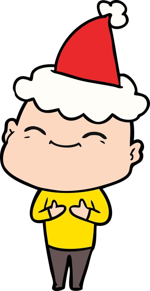 happy line drawing of a bald man wearing santa hat vector