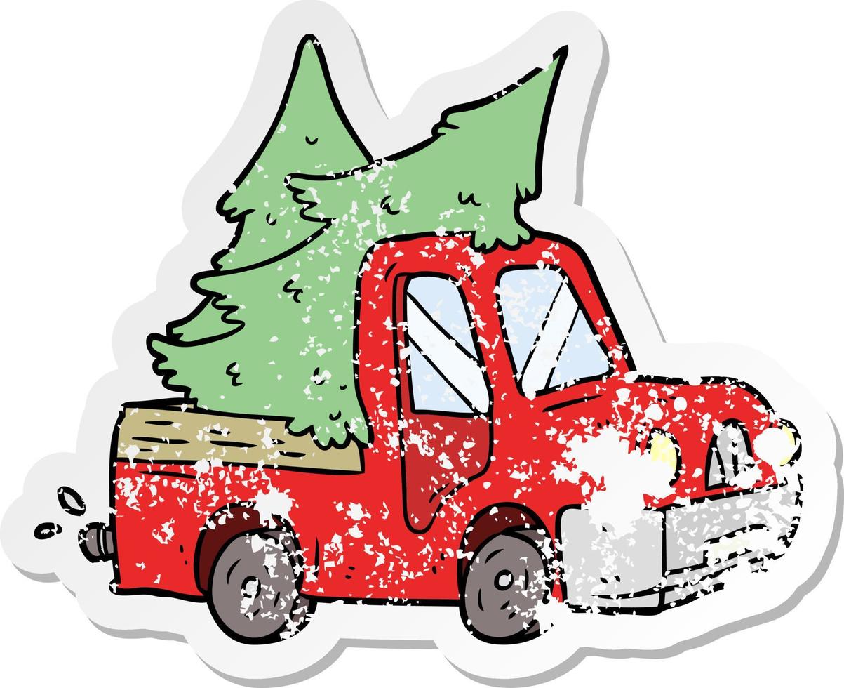 distressed sticker of a cartoon pickup truck carrying trees vector