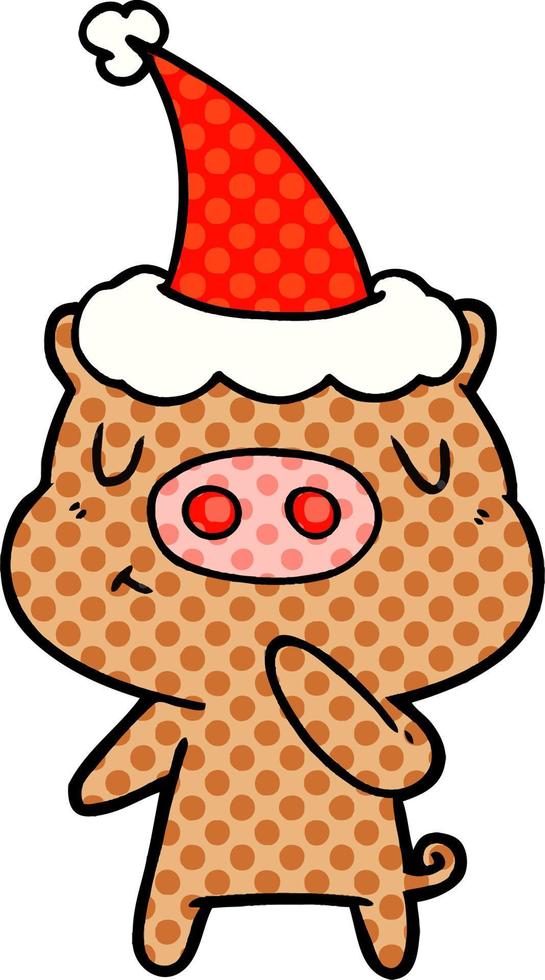 comic book style illustration of a content pig wearing santa hat vector