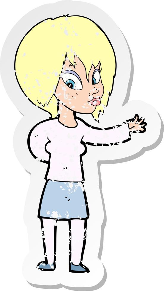 retro distressed sticker of a cartoon woman making welcome gesture vector