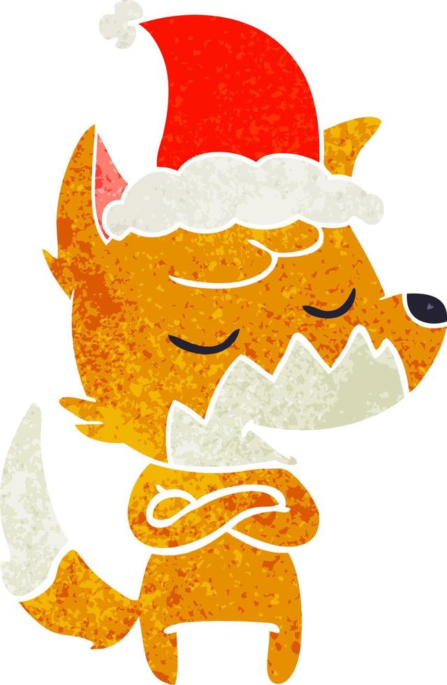 friendly retro cartoon of a fox wearing santa hat vector