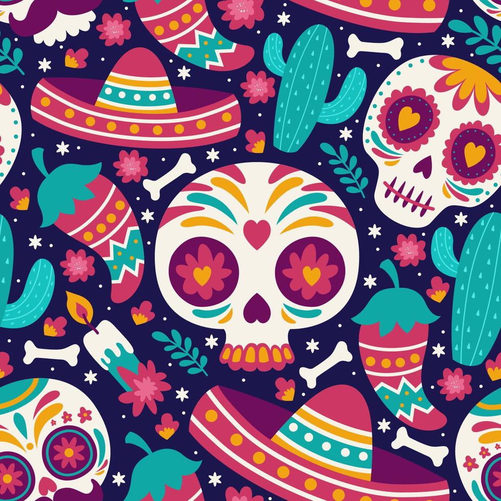 Calavera Sugar Skull Doodle Element Seamless Pattern vector