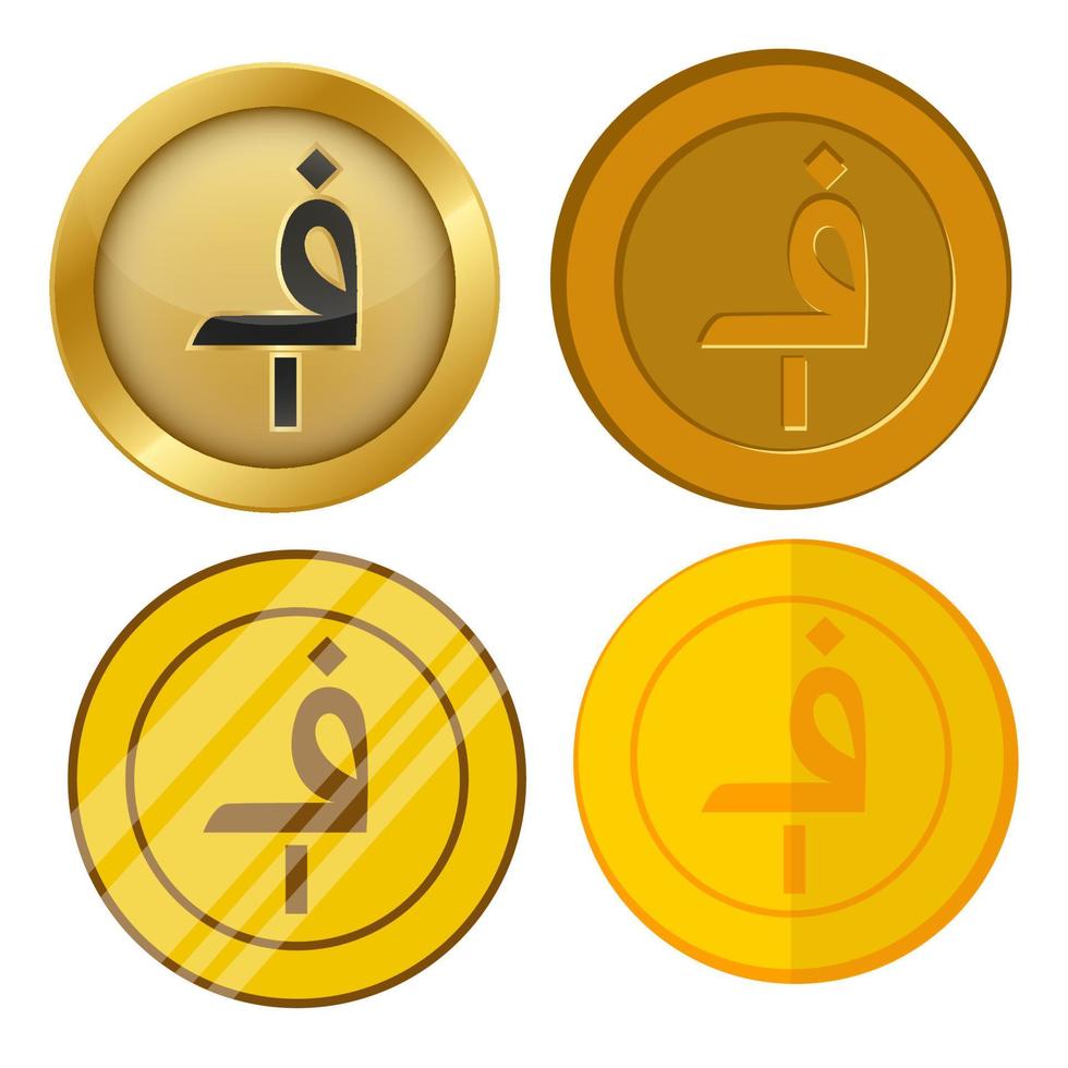 cuatro monedas de oro de estilo diferente con conjunto de vectores de símbolo de moneda afgani