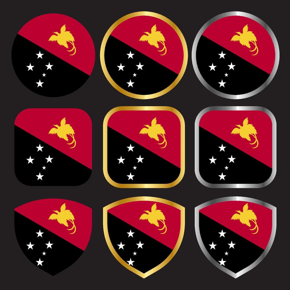 papua new guinea flag vector icon set with gold and silver border