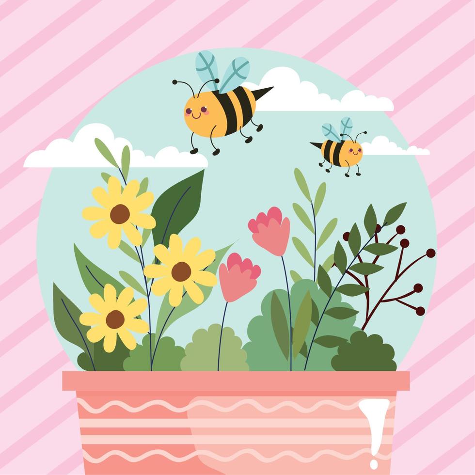 flores de primavera y abejas vector