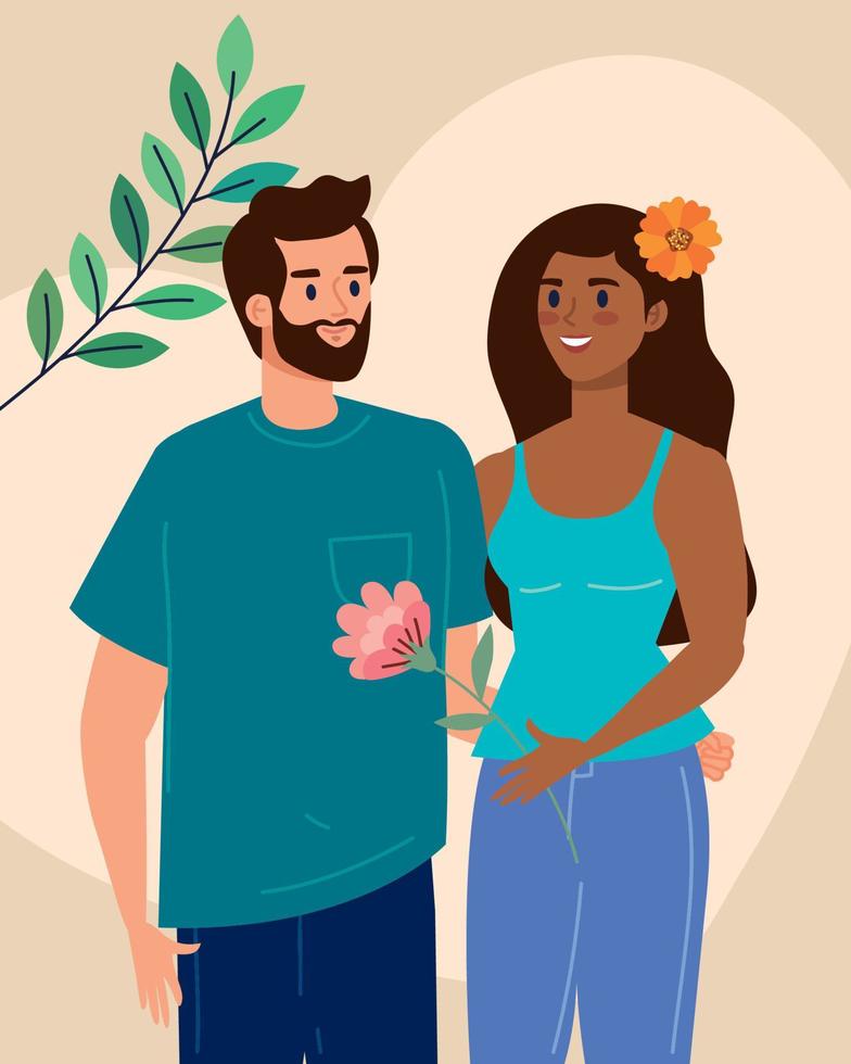 pareja de amantes interraciales y flores vector