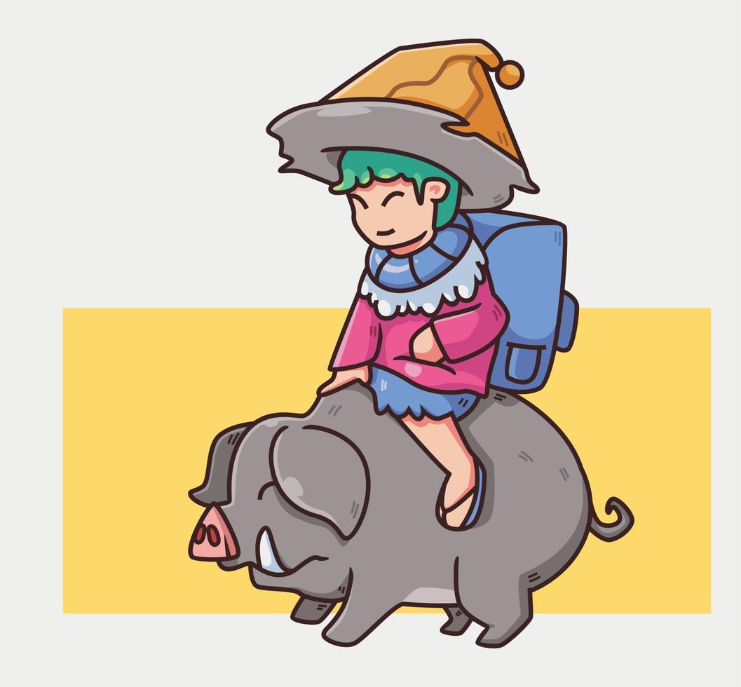 granjero montando un cerdo. ilustración de persona de dibujos animados aislado. vector de elemento de etiqueta de estilo plano