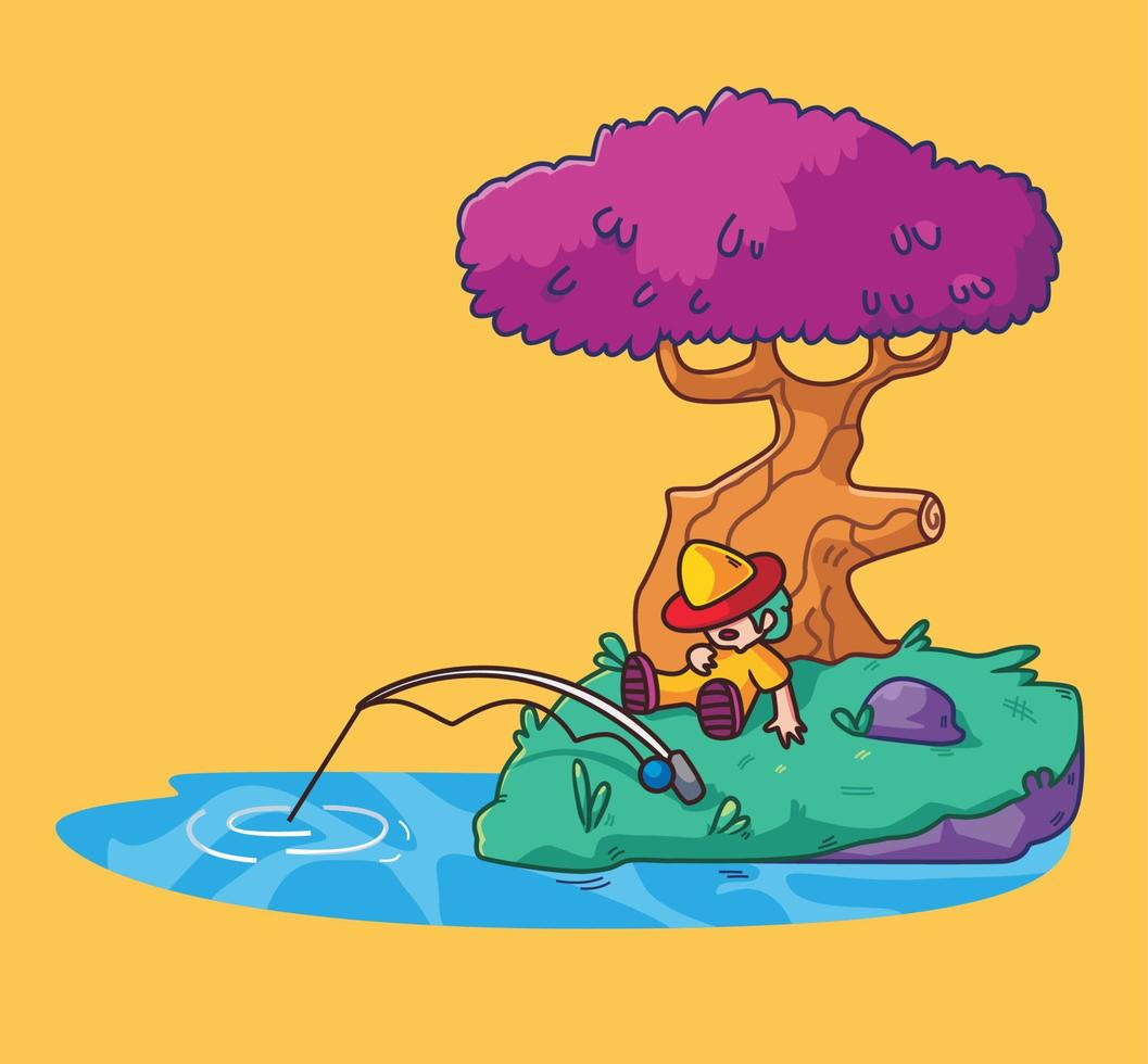 lindo pescador durmiendo bajo un árbol. ilustración de persona de dibujos animados aislado. vector de elemento de etiqueta de estilo plano