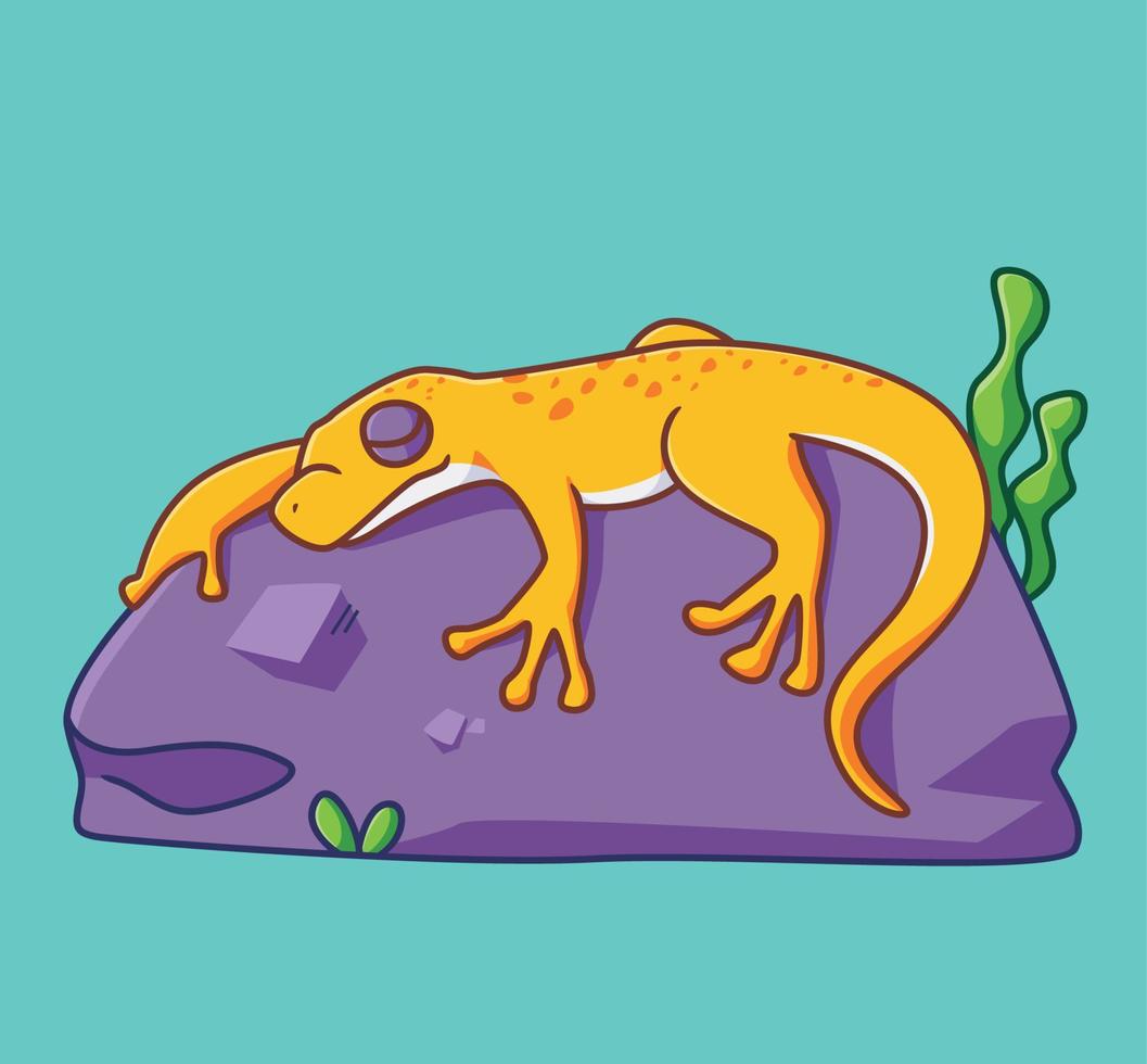 lindo lagarto dormir tomando el sol en la roca. ilustración de animales aislados. vector premium de icono de etiqueta de estilo plano