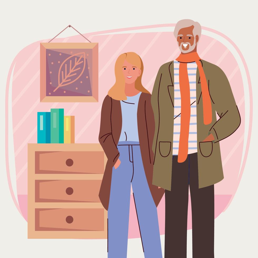 pareja de ancianos modelando en la habitación vector