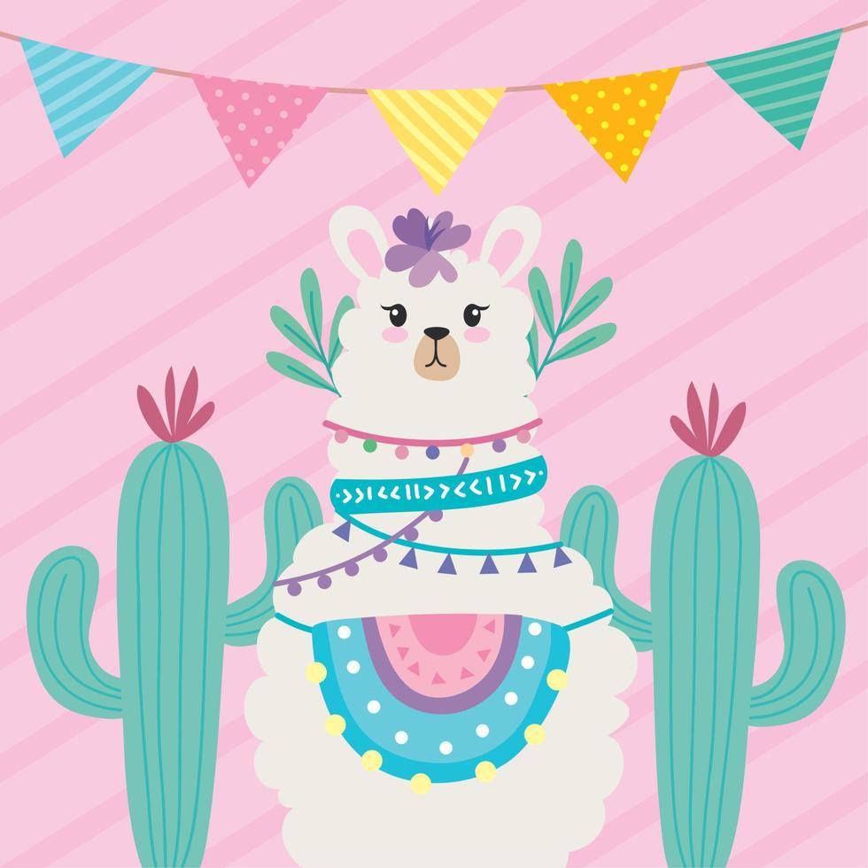 sweet llama with cactus plants vector