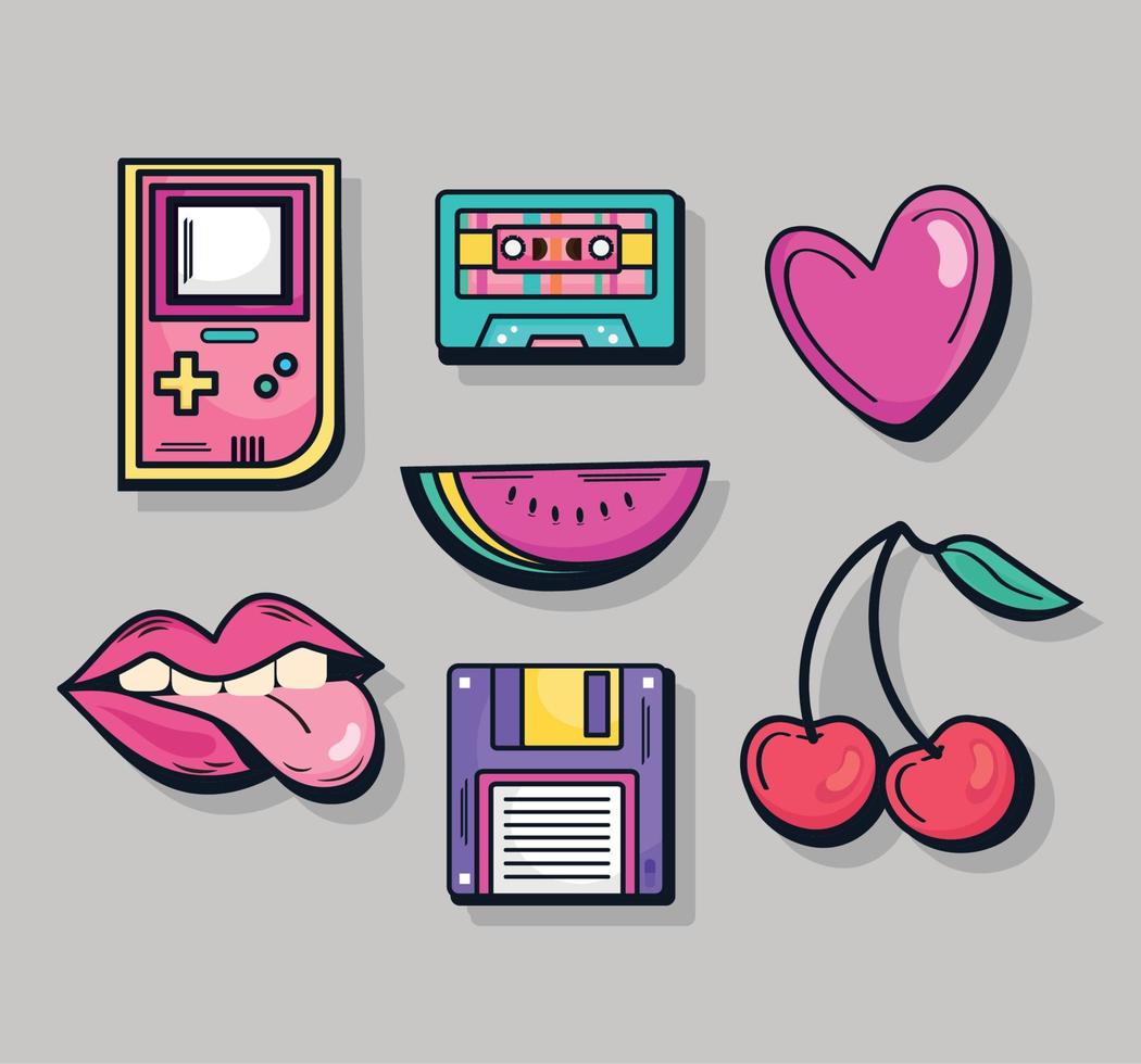 seven nineties style stickers vector