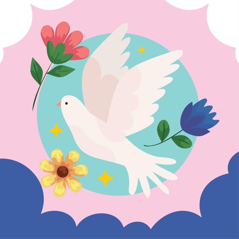 peace dove with flowers frame vector