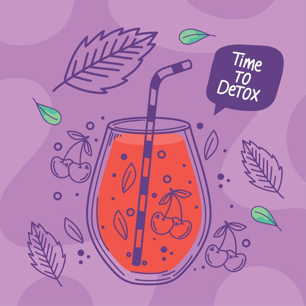 time to detox lettering with cherries drink vector