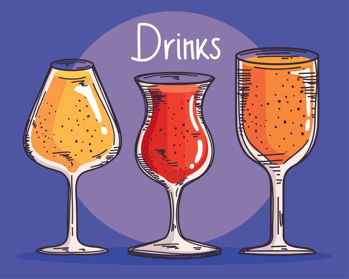 drinks lettering with three cups vector