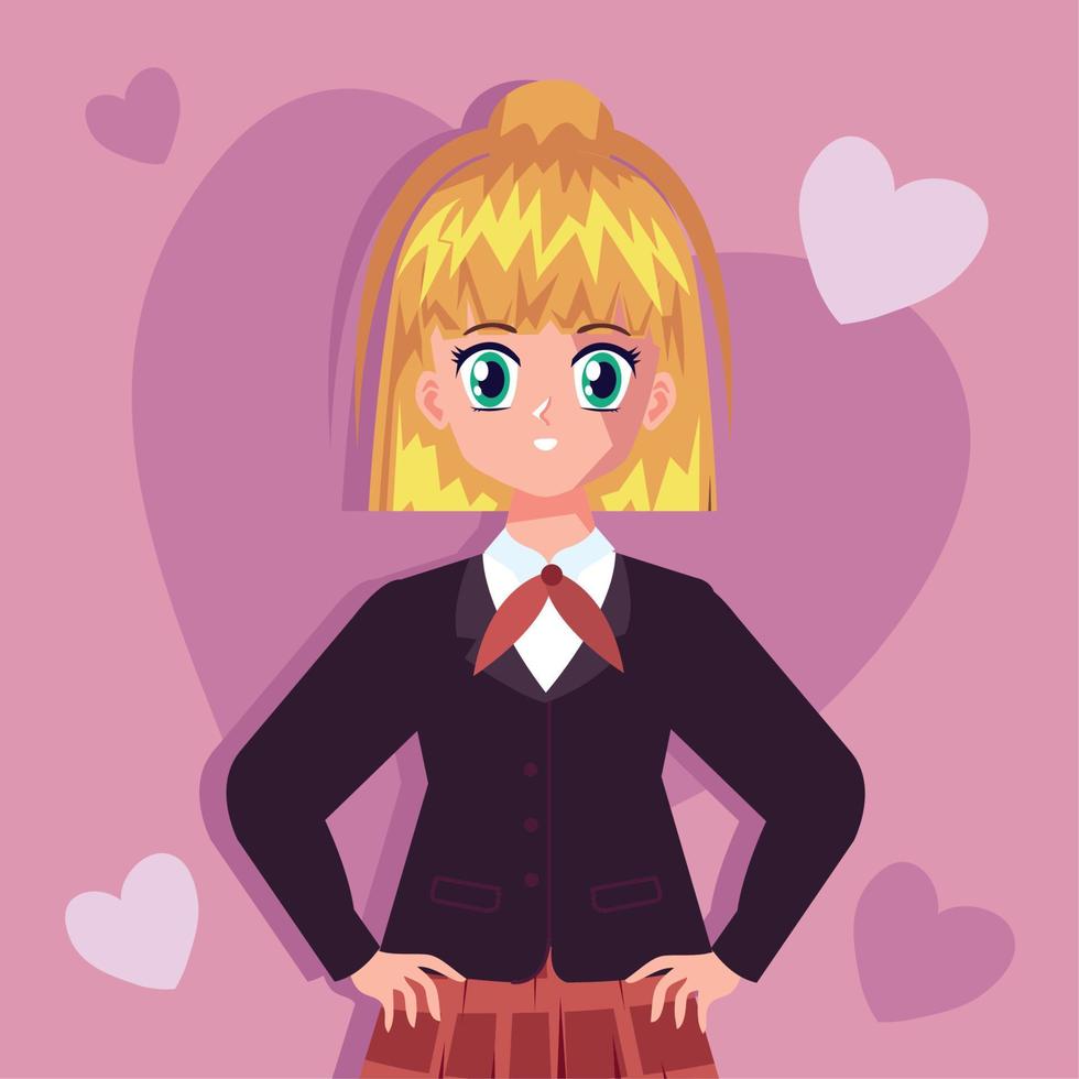 chica anime rubia con corazones vector