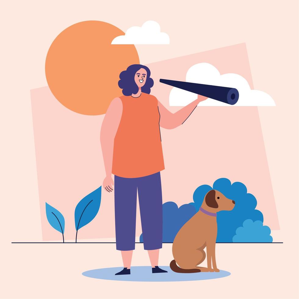 mujer con telescopio y perro vector