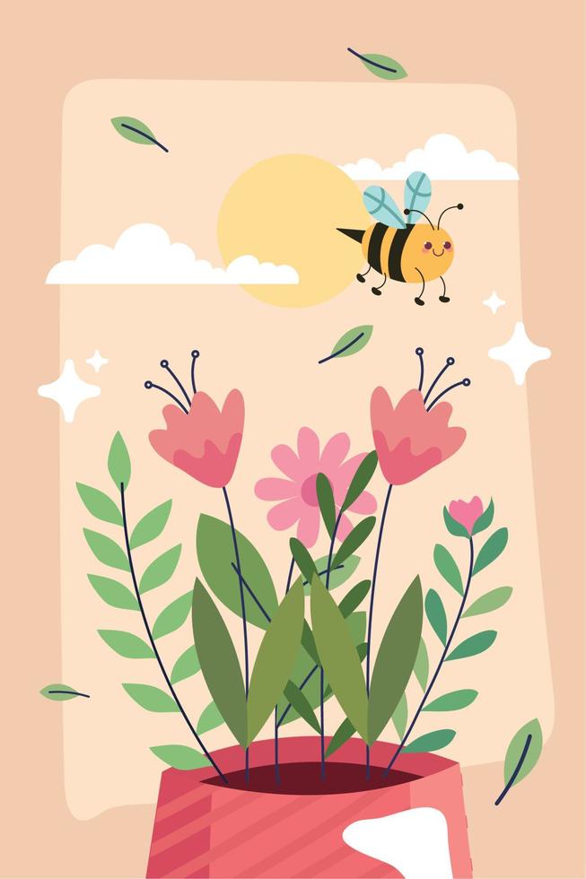 planta de interior de primavera y abeja vector