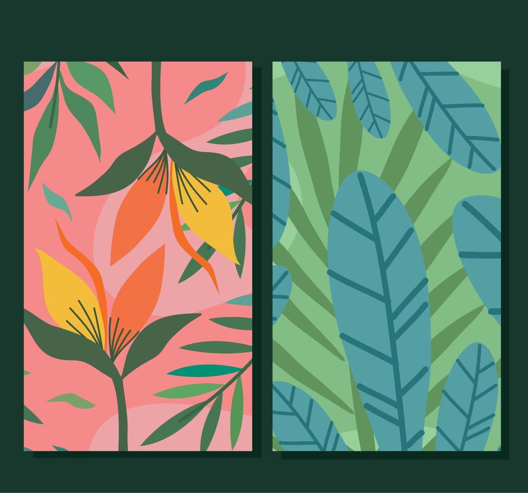 heliconias and leafs patterns vector
