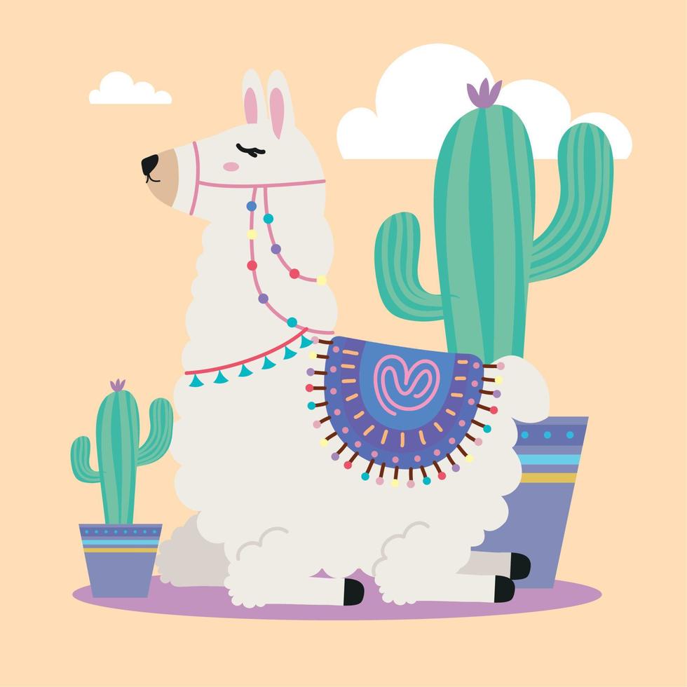 sweet llama with cactus vector