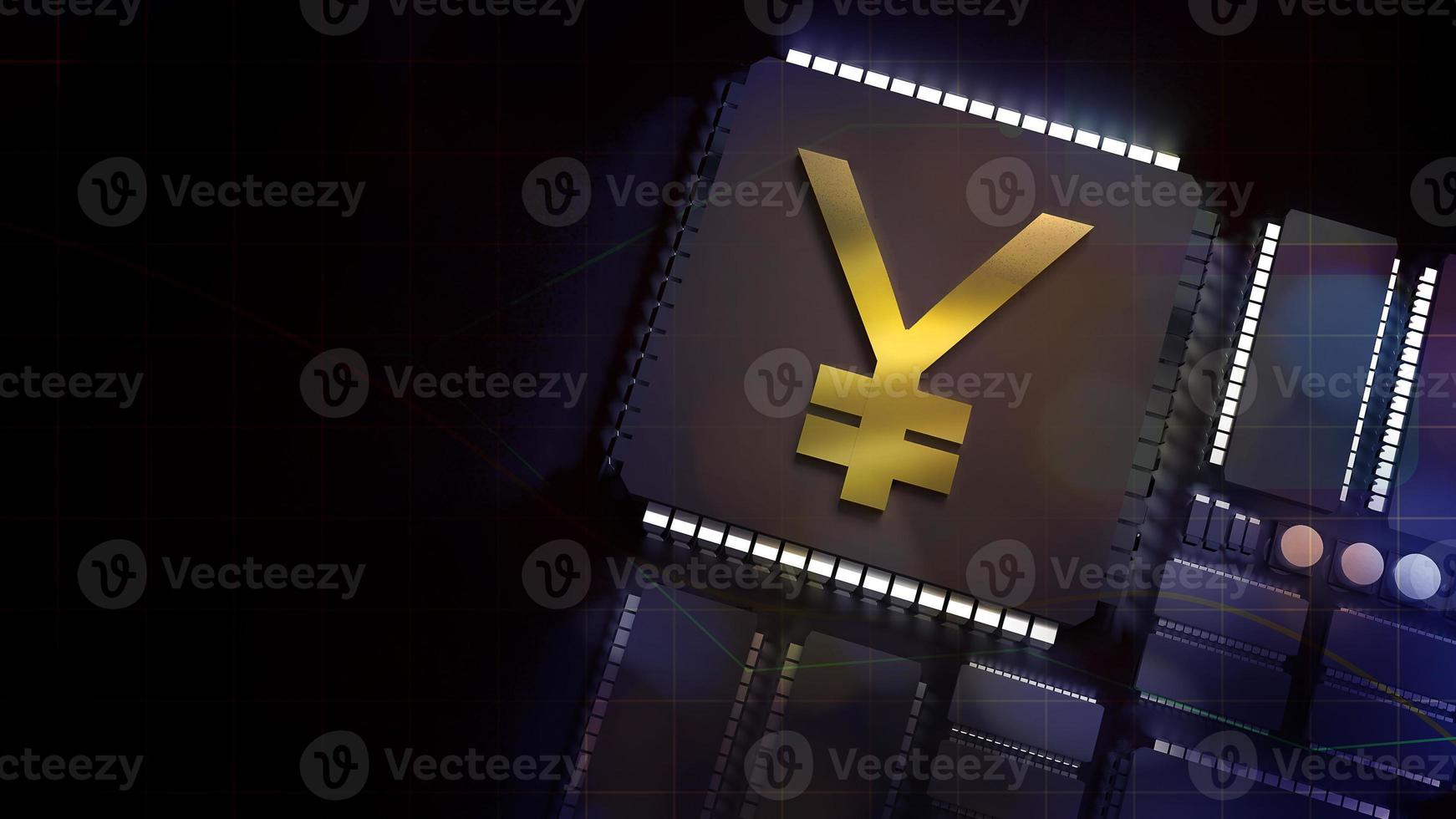 The gold yuan symbol on electronic chip 3d rendering photo