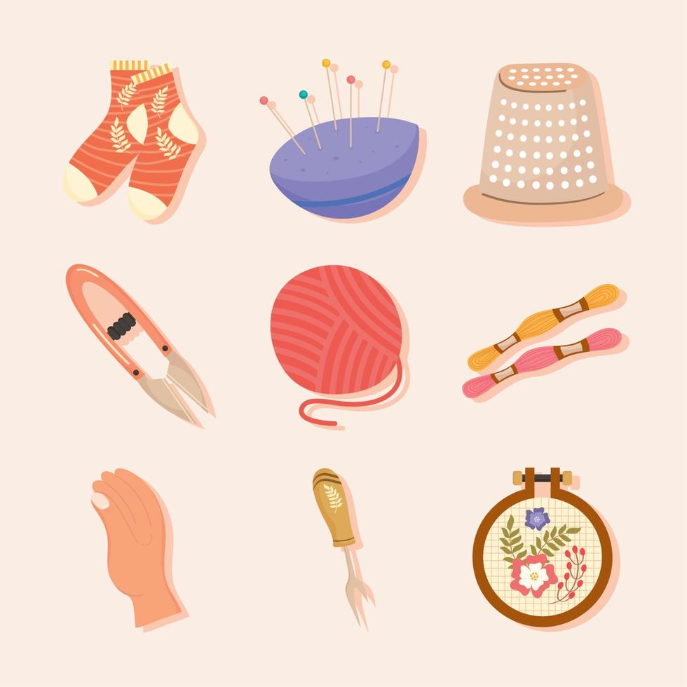 nine embroidery and weaving icons vector