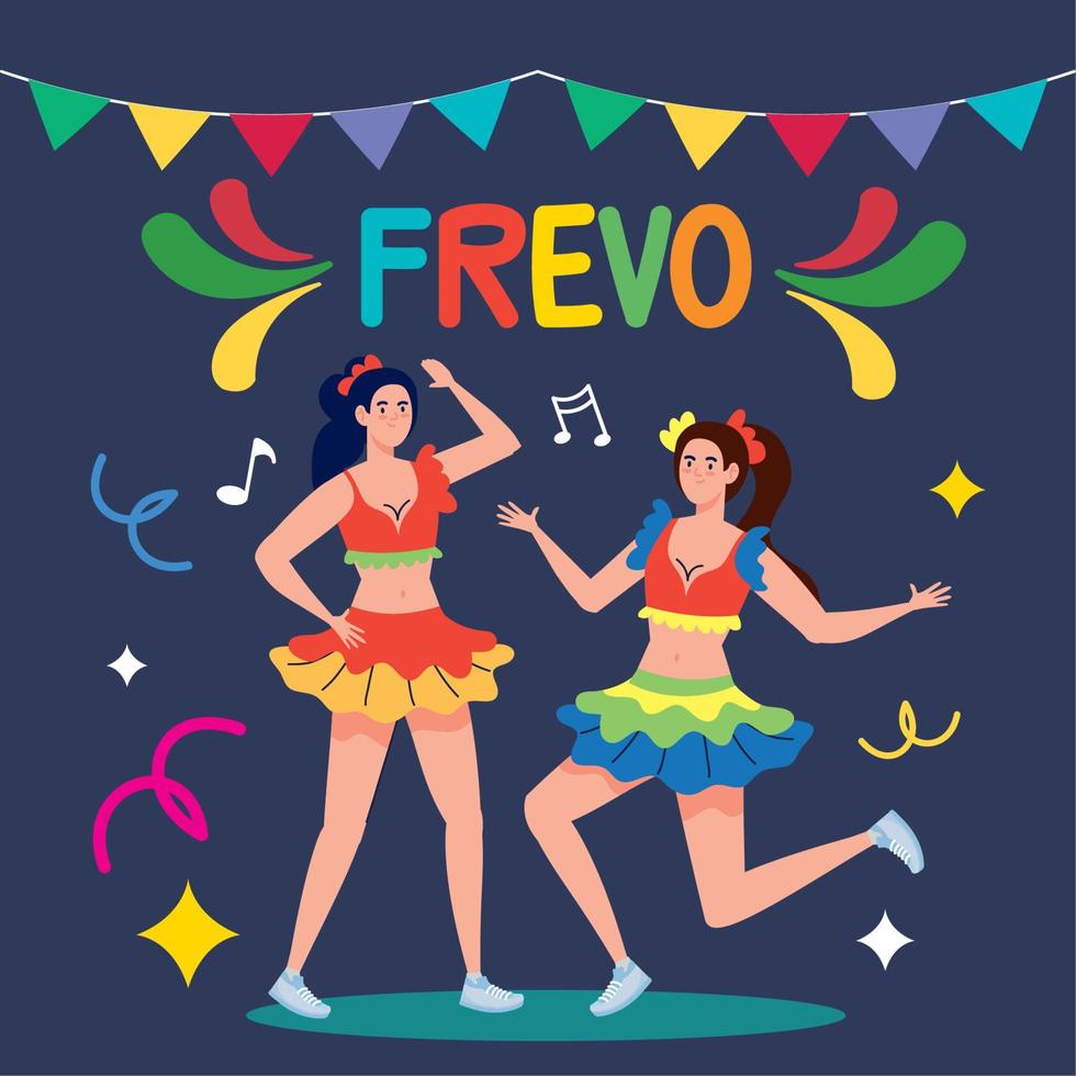 frevo celebration lettering with girls dancers vector