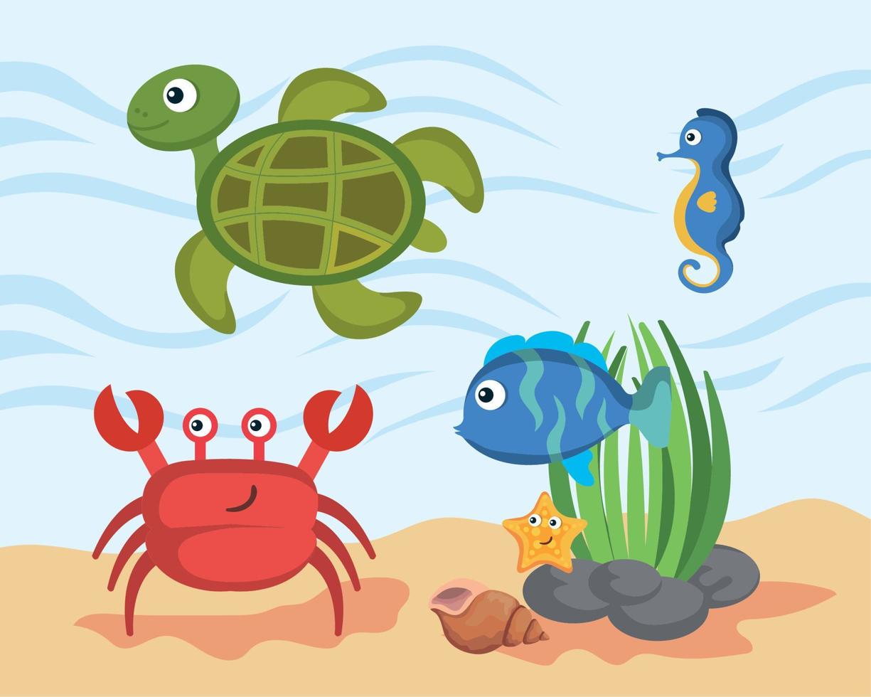 crab with turtle sealife vector