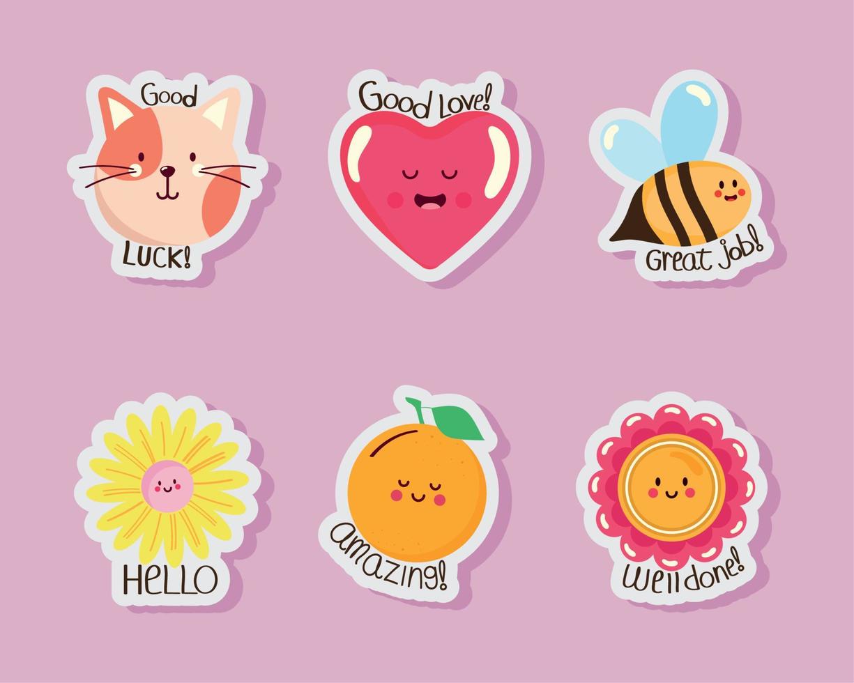 seis iconos de pegatinas positivas vector