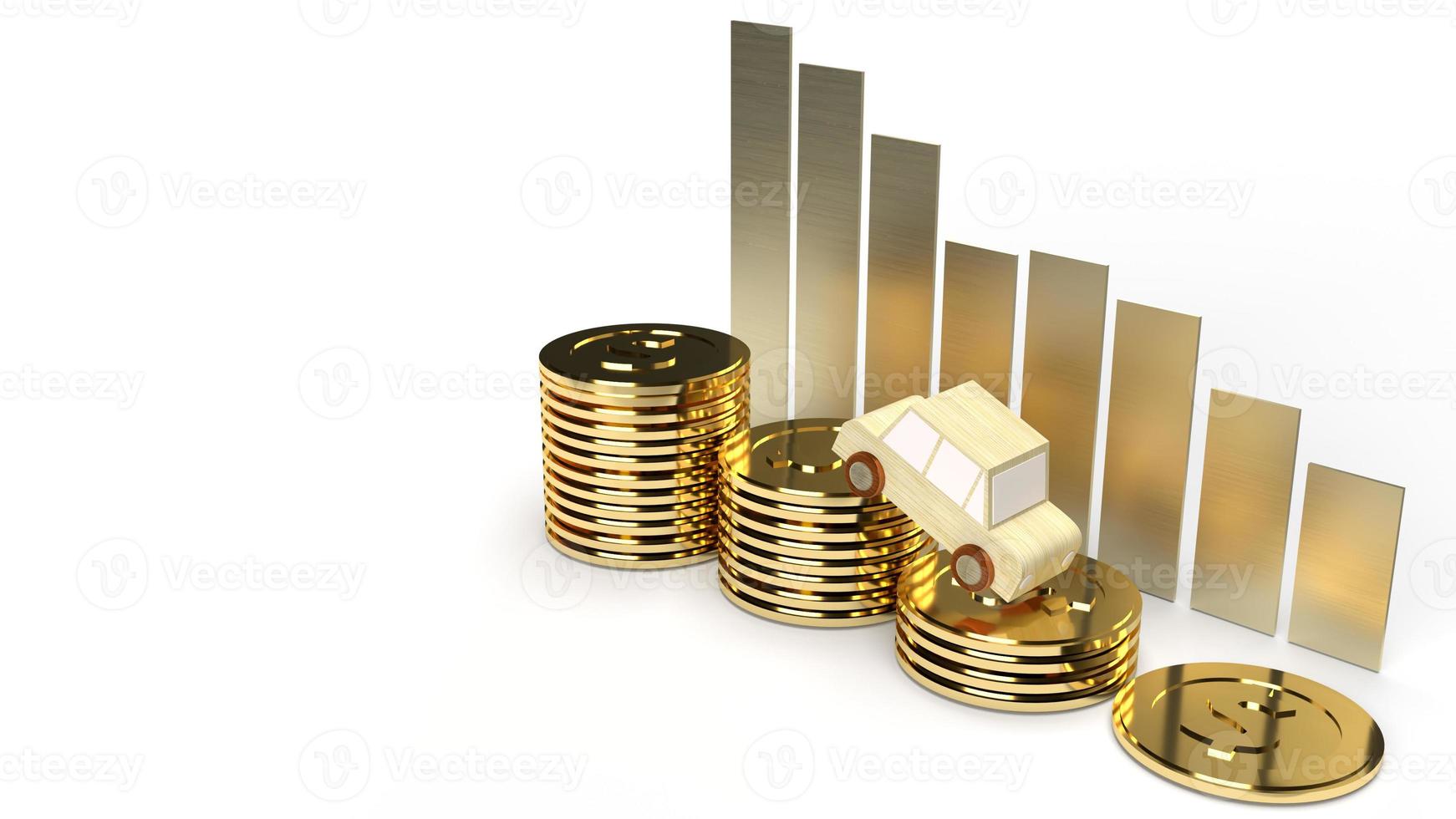 la madera del automóvil en la representación 3d de la moneda de oro para cambiar el contenido del mercado. foto