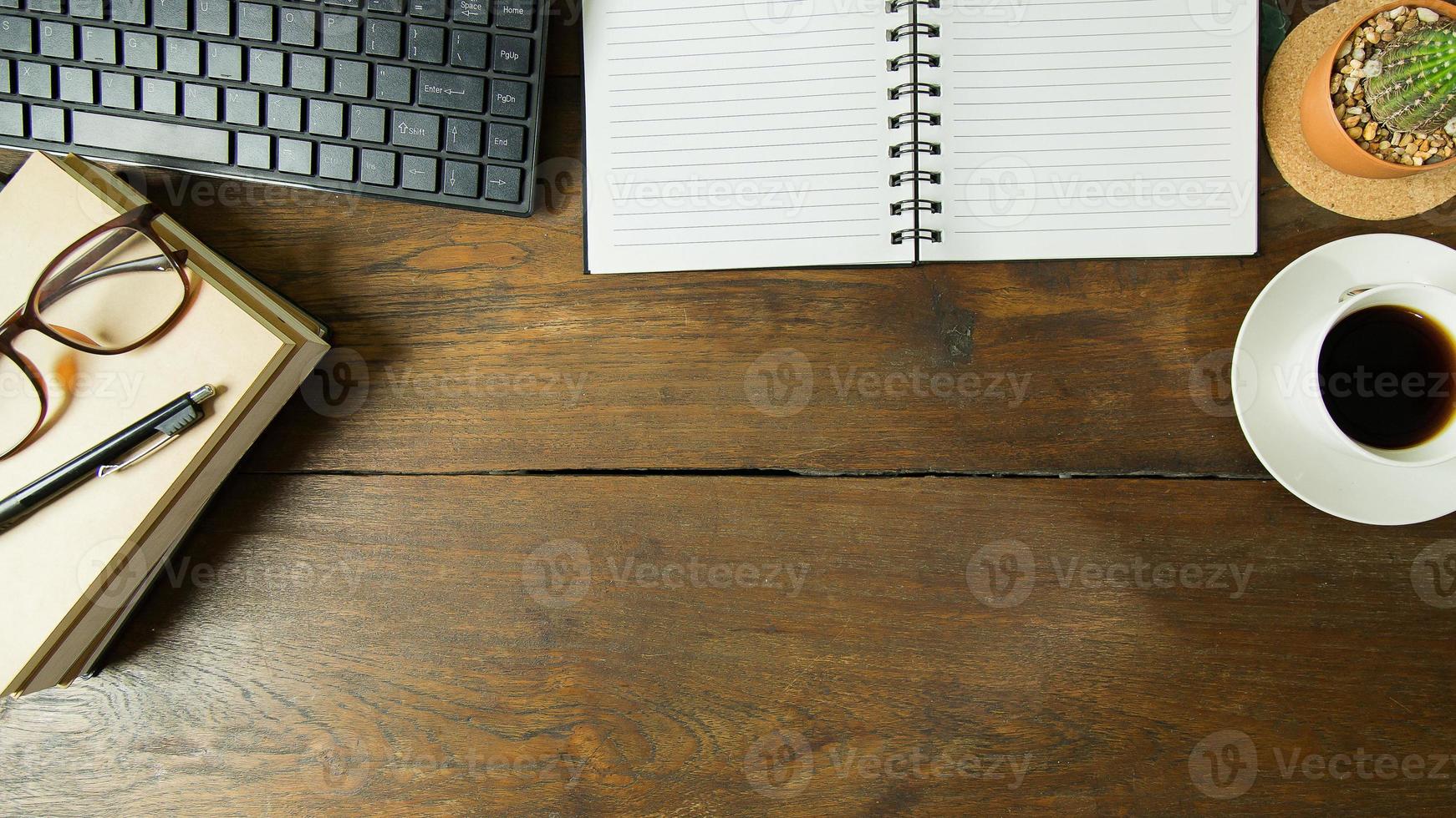 Business person working on wood table Flat lay background. photo