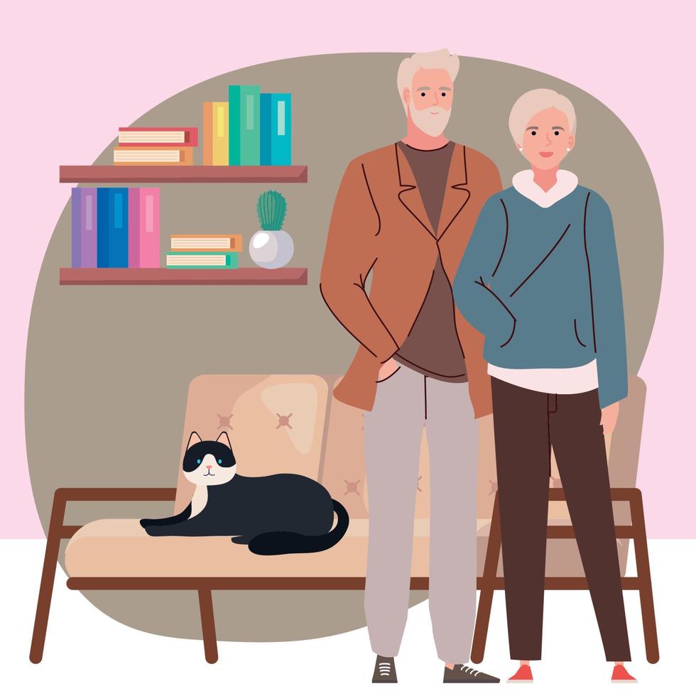 pareja de ancianos modelando con gato vector