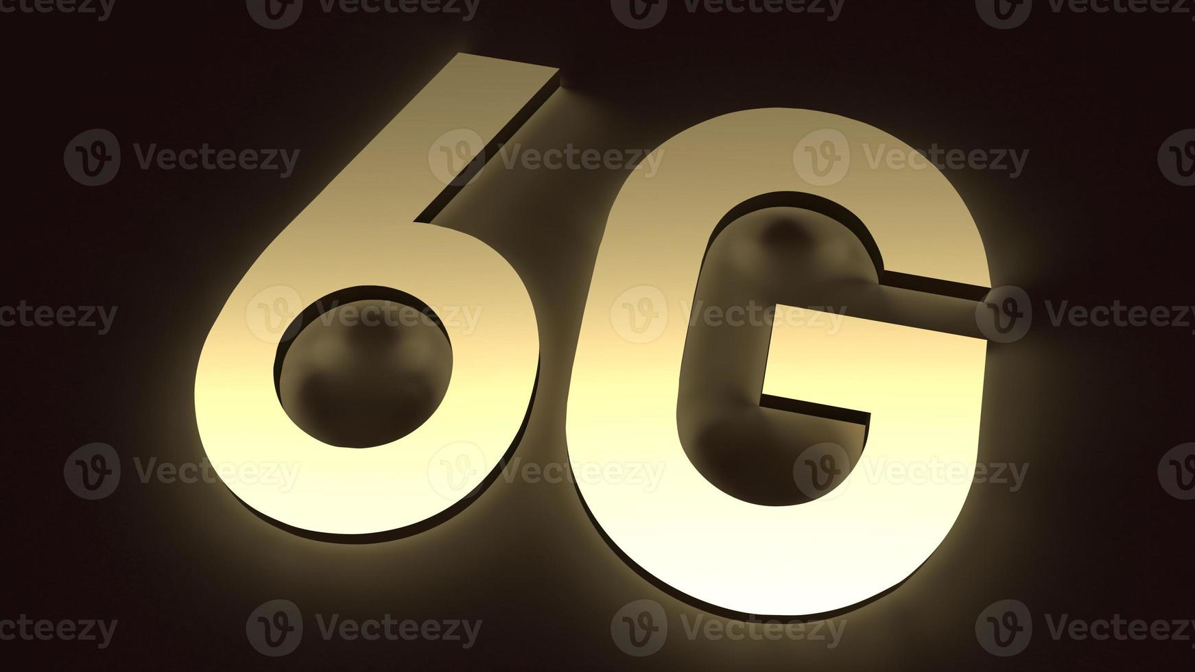 3d rendering 6g text gold surface glow in dark image for mobile technology content. photo