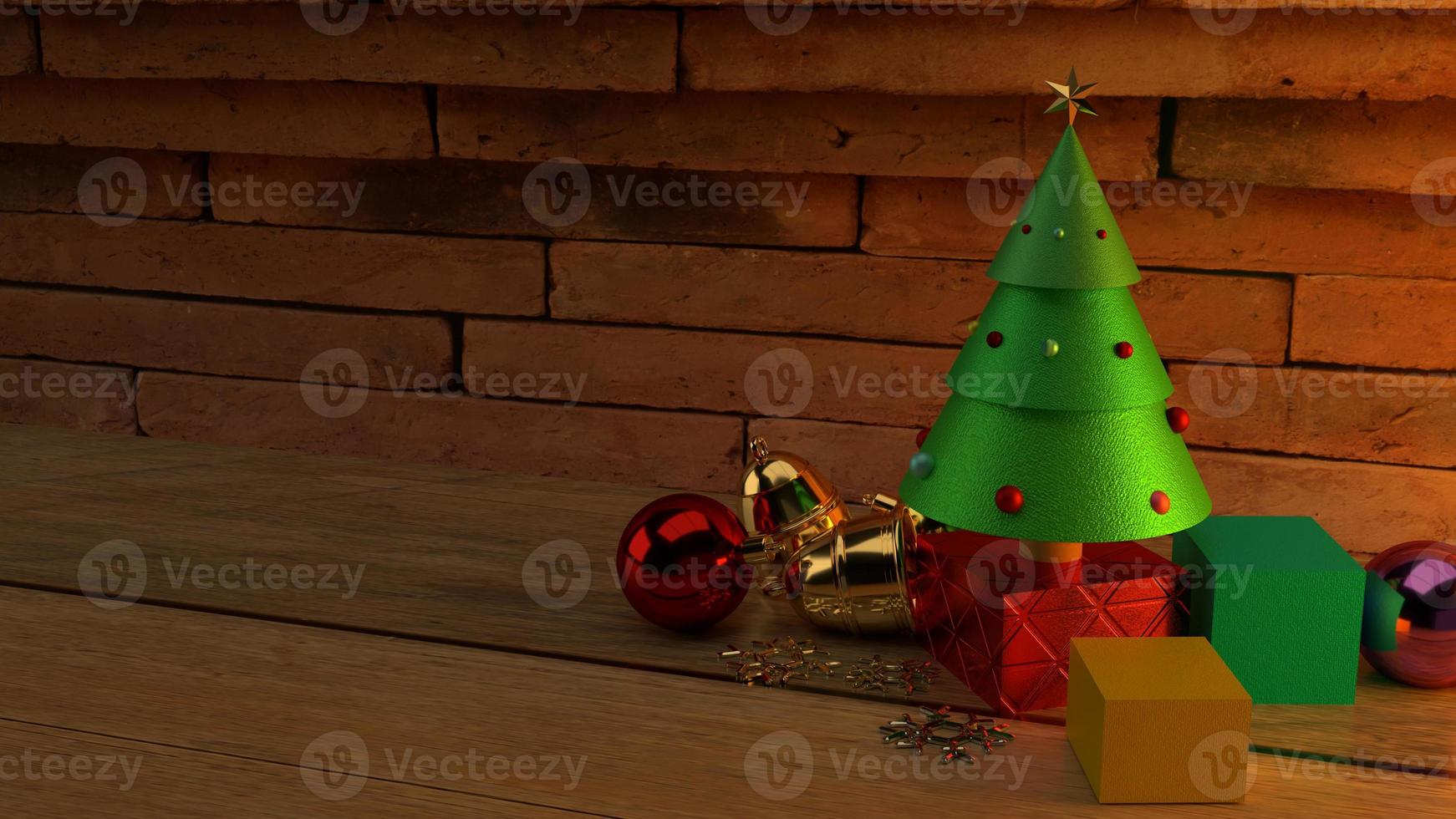 Christmas tree on wood table 3d rendering image for christmas celebration content. photo