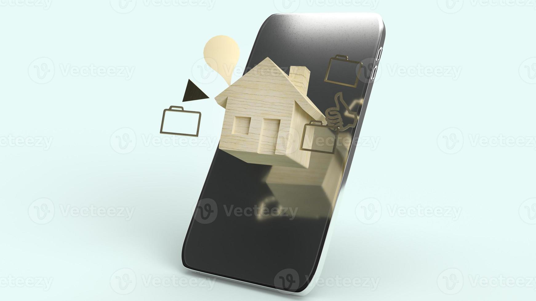 The home wooden toy and smartphone 3d rendering for technology content. photo