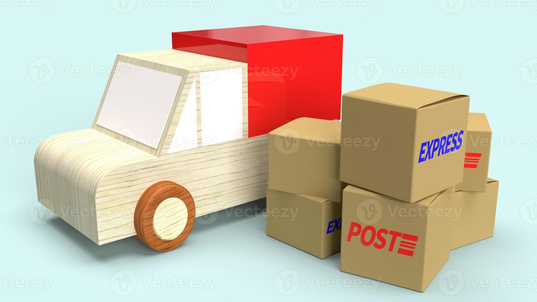 cajas postales y furgoneta de madera 3d renderizado para contenido de entrega. foto