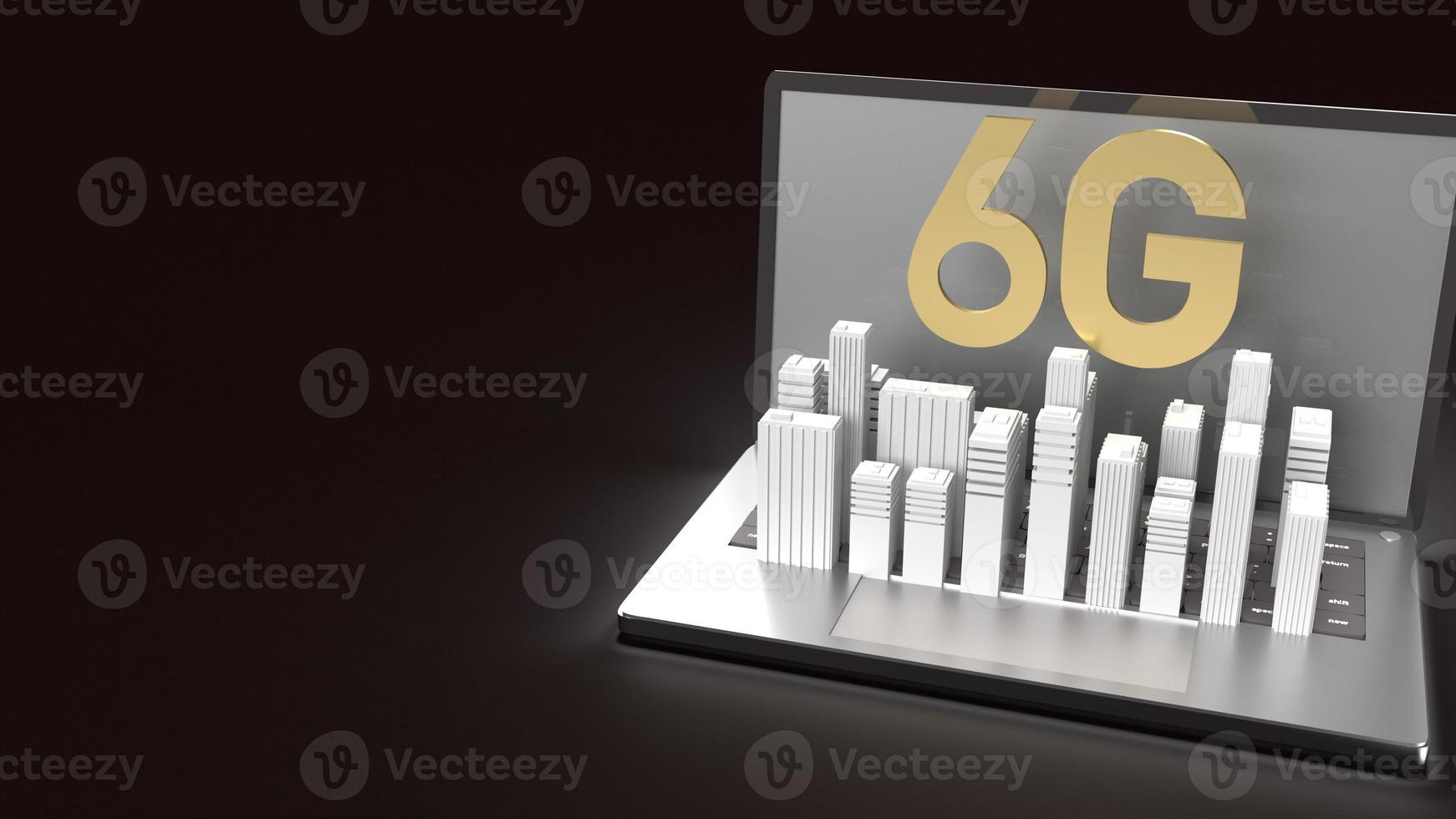 The 3d rendering 6g text gold surface glow on notebook and building  in dark image for mobile technology content. photo