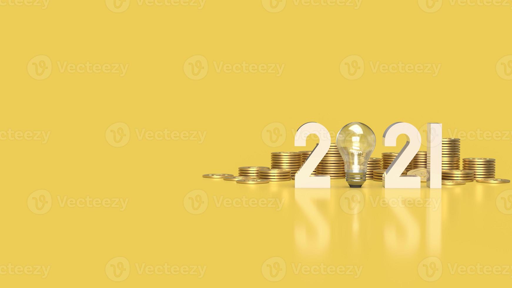 The number 2021 and gold coins  on yellow background 3d rendering. photo