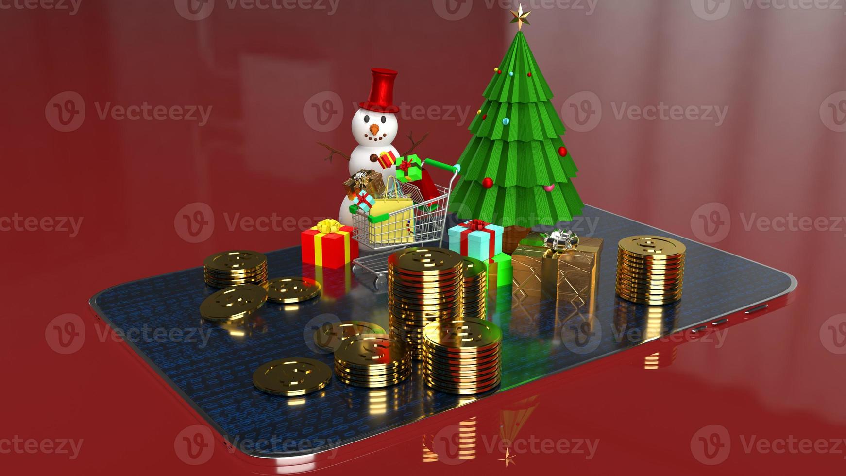 The snowman and shopping cart on tablet for marketing online in  Christmas and new year  holiday content 3d rendering photo