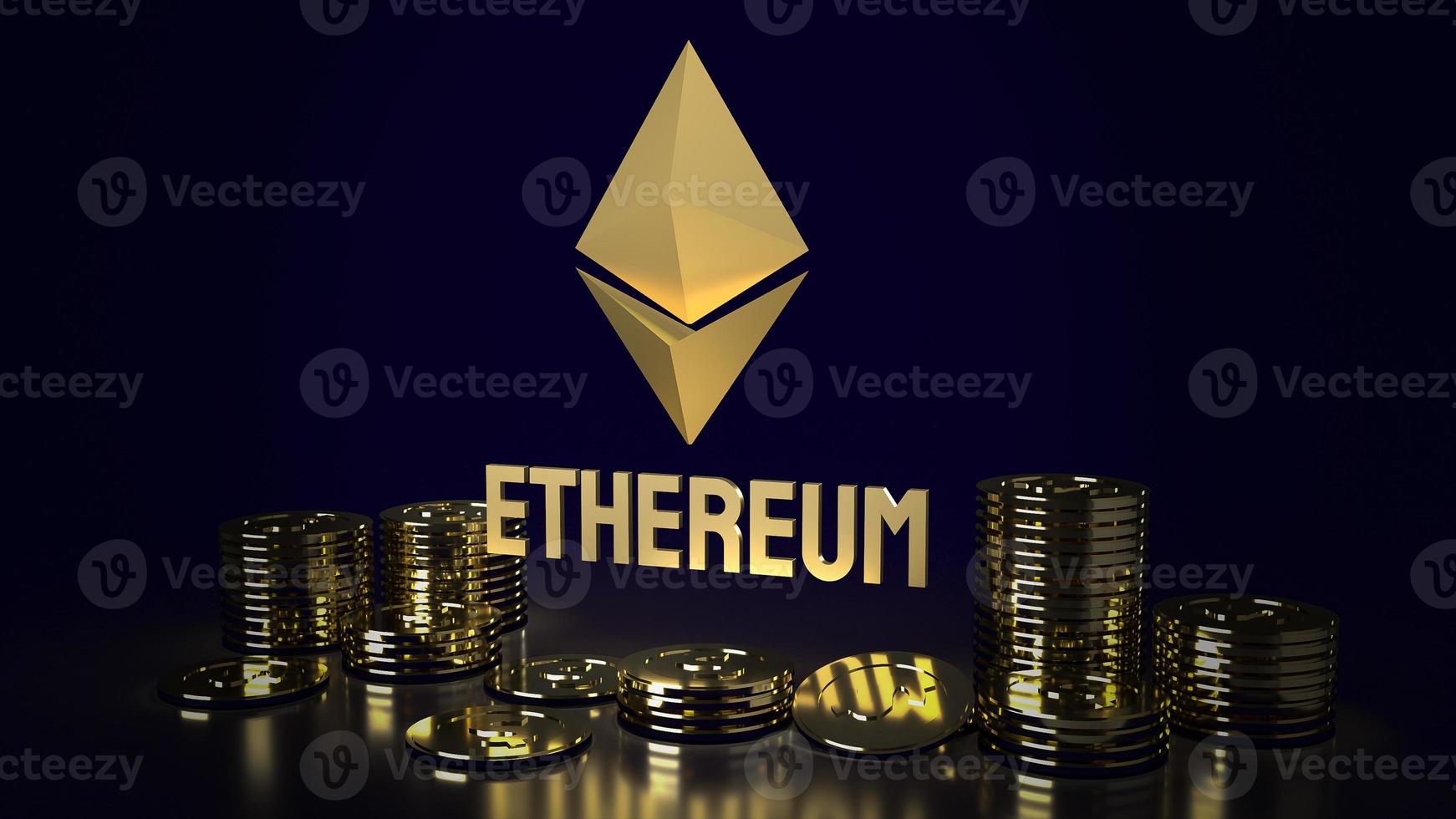 el logotipo de ethereum y las monedas para la representación 3d del contenido de criptomonedas. foto