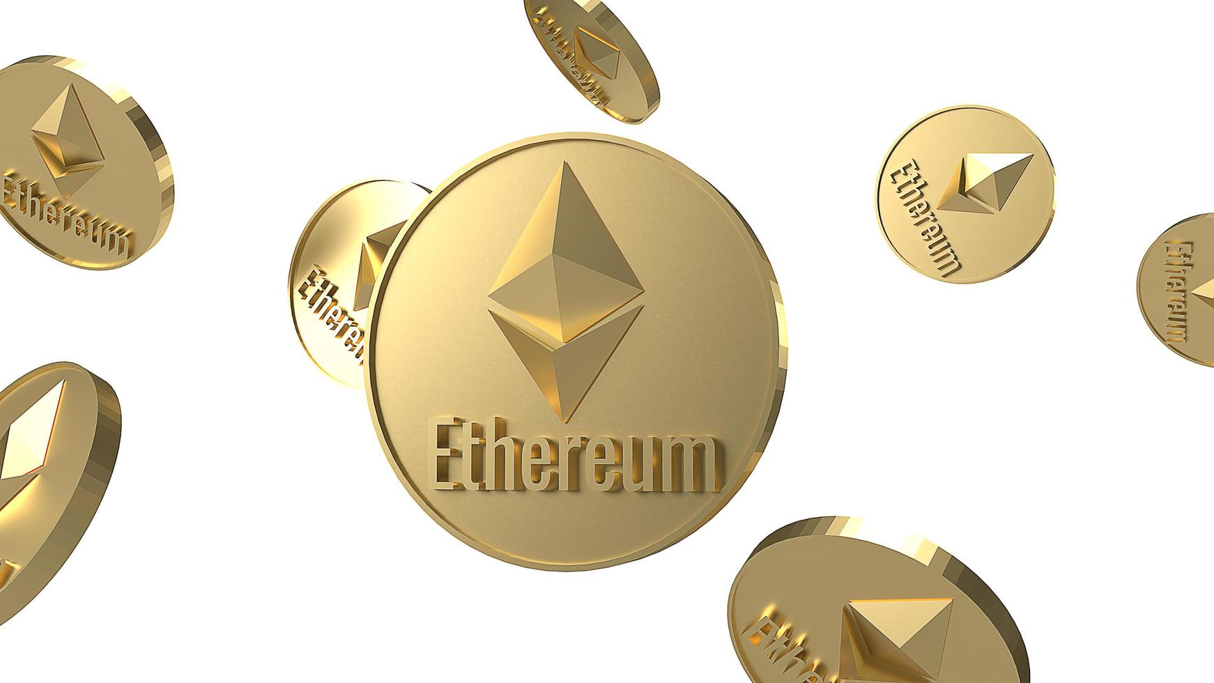 Ethereum  coins  cryptocurrency  falling in  white background 3d rendering photo