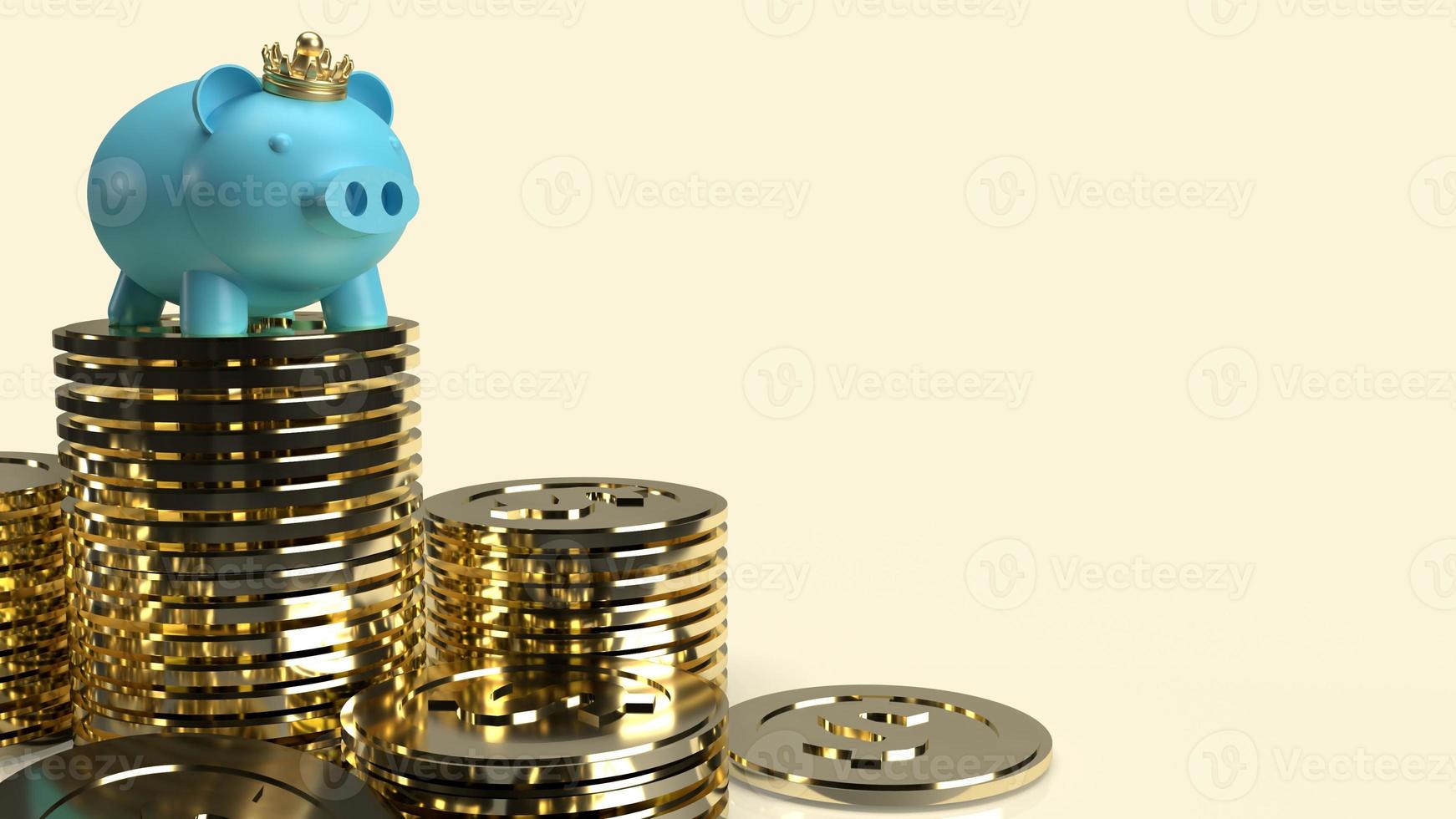 The blue pig bank and crown on gold coins for business content 3d rendering. photo